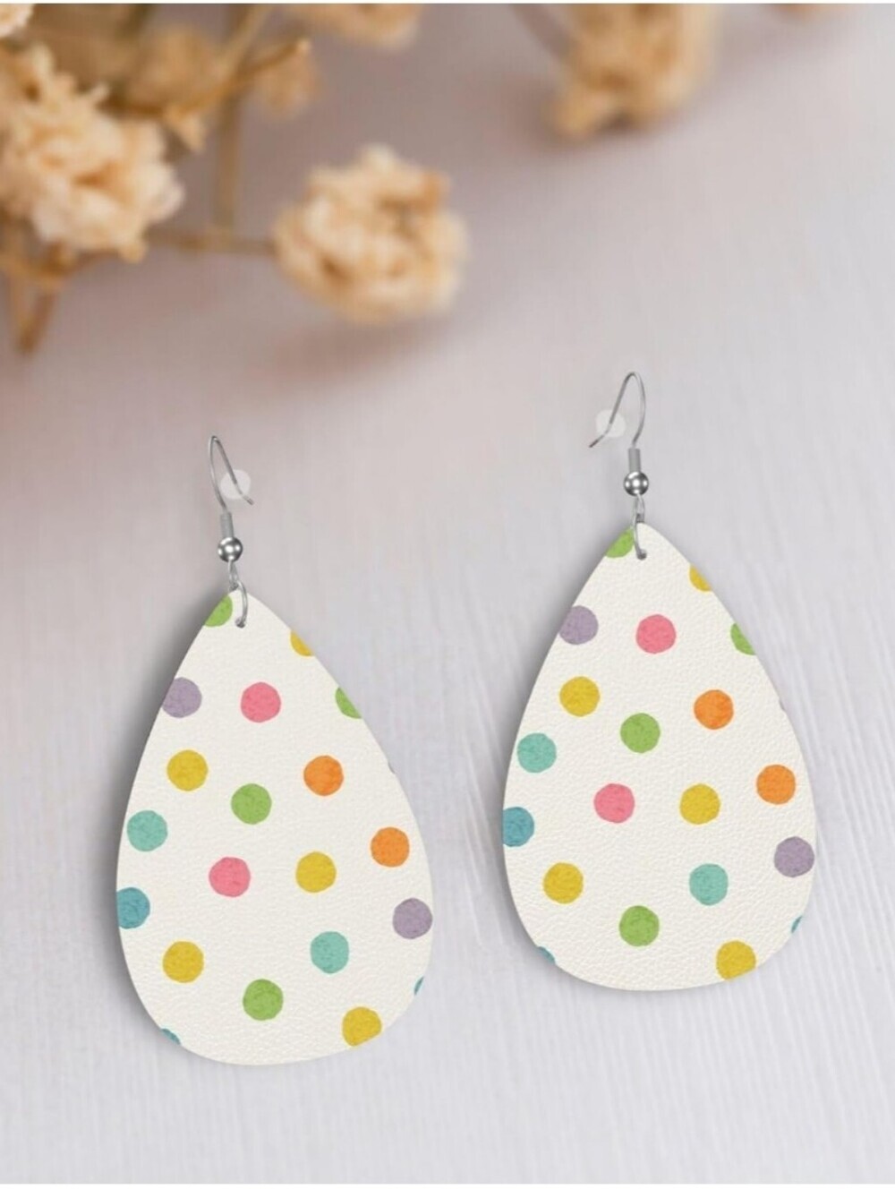 White Teardrop Leather Earrings with Multicolor Polka Dots